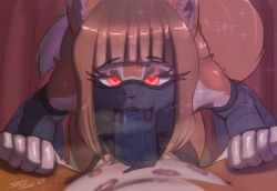 anthro balls blush bodily_fluids breasts brown_hair canid canine canis clothing digital_media_(artwork) duo english_text erection ethiopian_wolf face_veil fellatio female first_person_view fur genital_fluids genitals hair holo_(spice_and_wolf) jackal kiss_mark lipstick lipstick_on_penis looking_at_viewer makeup male male/female male_penetrating male_pov mammal nipples nude oral oral_penetration penetration penile penis sex smile spice_and_wolf sprrigs sprrigs- tail text tongue veil wolf