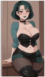 ai_generated black_choker black_eyes black_footwear boots breasts choker cleavage female green_eyeshadow green_hair green_lips gwen_(tdi) large_breasts looking_at_viewer makeup multicolored_hair navel pantyhose short_hair skirt solo total_drama_island