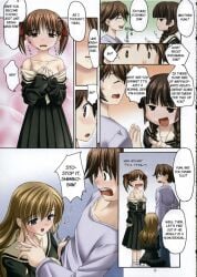 2girls blush bra breasts brown_hair cleavage closed_eyes collarbone comic fukuzawa_yumi long_hair long_sleeves multiple_girls open_mouth pleated_skirt school_uniform shimazu_yoshino short_hair skirt twintails undressing