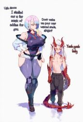 1boy 1girls ai_generated bare_arms bare_shoulders big_breasts big_penis color cyberpunk:_edgerunners cyberpunk_2077 dragon_boy dragon_horns dragon_tail english_text female furry hi_res josay large_breasts light-skinned_female light_skin long_hair lucyna_kushinada male male/female print_tax5 short_hair taller_girl text thick_thighs white_hair