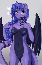 2018 alicorn anthro areola black_feathers blue_eyes blush braided_hair breasts cellphone cosmic_hair cute equine erect_nipples evomanaphy eyebrows eyelashes fan_character feathered_wings feathers female fin grey_background hair heart hi_res holding_object horn hybrid looking_at_viewer makeup mammal mascara my_little_pony navel nipples nude phone portrait pose purple_hair pussy selfie shark_pony simple_background smile solo three-quarter_portrait wings