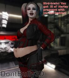 1girls 3d 3d_(artwork) alternate_version_available batman_(series) belly_bulge blender blender_(artwork) blender_(software) cumflated cumflated_belly dc_comics dialogue dont_bully_(artist) female harley_quinn harley_quinn_(injustice) inflated_belly injustice_2 light-skinned_female light_skin pale-skinned_female pale_skin partially_clothed partially_clothed_female pinup pregnant pregnant_belly pregnant_female smirk smirking smirking_at_viewer stomach_bulge text twintails twintails_(hairstyle) two_tone_hair voluptuous