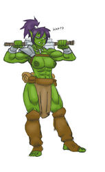 abs areolae armor biceps breasts darkeros13 english_text fantasy feet female female_only frown full-length_portrait full_body full_length green_skin hair_between_eyes humanoid legwear loincloth mace medium_breasts melee_weapon muscles muscular_female navel necklace nipples orc orc_female original pointy_ears ponytail scowl shoulder_pads solo solo_female standing text thedarkeros toeless_legwear toes topless tusks vambraces weapon weapon_over_shoulder white_background