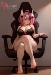 2d ahoge ai_generated bangs bare_legs bare_shoulders barefoot black_bra black_panties blush bra breasts cleavage erophoenix feet female female female_focus indoors ironmouse jewelry large_ass large_breasts lingerie long_hair nude pale_skinned_female panties patreon_username pink_hair pointy_ears purple_eyes purple_hair sitting smile sweating toes twintails uncensored underwear virtual_youtuber vshojo vtuber