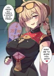 :d absurdres ahoge black_dress blonde_hair blush breasts clothing_cutout commentary dress english_commentary eyewear_on_head female heart highres hinghoi large_breasts looking_at_viewer low_twintails open_mouth short_hair smile solo speech_bubble sunglasses sweety_(zenless_zone_zero) twintails upper_body zenless_zone_zero