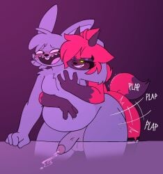 anthro ass balls belly_grab big_butt black_eyes black_markings black_nose black_sclera blush blush_lines bodily_fluids buckteeth canid canid_demon canine chest_grab chest_tuft clothing cream_(drcreamsoul) cum cum_while_penetrated dark_body dark_fur demon dog_tail drcreamsoul duo ejaculation fangs focused fur genital_fluids genitals glans glowing glowing_eyes hair hellhound hi_res horn lagomorph legwear leporid long_hair looking_at_another looking_pleasured male male/male mammal markings mythological_canine mythological_creature mythology onomatopoeia open_mouth overweight penetration penis purple_body purple_fur purple_mascara rabbit rabbit_ears red_body red_fur sex smile sound_effects stockings teeth text tongue tuft vein yellow_eyes