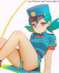 2025 ai_assisted ai_generated arm at blue blush bow bowtie breasts closed colored cuffs eyes female forehead green hair hat high_quality high_res high_resolution highres jewel looking medium mouth nintendo officer_jenny_(pokemon) panties patreon pink pokemon pokemon_(anime) sensitive short sitting skin sleeves solo stable_diffusion support timelessworld twintails underwear uniform viewer watermark wrist