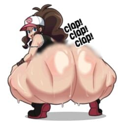 1girls artist_request ass ass_clapping ass_focus ass_up back_view big_ass bottomless bottomless_female clapping_ass clapping_cheeks clothed clothing curvy dripping female hat hilda_(pokemon) human large_ass nh4774m4 nintendo no_background pokemon shaking shaking_ass shaking_butt shiny_skin sound_effects sweat thick_thighs thunder_thighs twerking