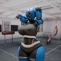ada_(fallout) arms_up assaultron blender blender_(software) blender_cycles calvin_klein fallout fallout_4 gym gym_uniform hands_behind_head presenting_breasts robot robot_girl robot_humanoid sports_bra sweat sweating sweating_profusely