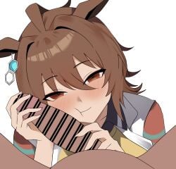 1boy :t absurdres agnes_tachyon_(tach-nology)_(umamusume) agnes_tachyon_(umamusume) ahoge animal_ear_piercing animal_ears bar_censor blush brown_hair censored closed_mouth coat commentary earrings erection female hair_between_eyes handjob highres horse_ears horse_girl huge_ahoge jewelry lab_coat long_hair_between_eyes looking_at_viewer medium_hair penis_on_face pov pov_crotch red_eyes rumina_runa simple_background single_earring smile straight two-handed_handjob umamusume white_background white_coat