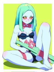 1girls b1iz4rd cyberpunk:_edgerunners cyberpunk_2077 female gun looking_at_viewer rebecca_(edgerunners) skimpy_clothes smiling solo tagme tattoos