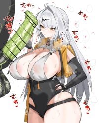 absurdres ahoge animal_penis areola_slip asymmetrical_gloves black_leotard blush breasts character_request closed_mouth copyright_request covered_navel covered_nipples cowboy_shot cropped_jacket elbow_gloves eyelashes female fingerless_gloves gloves grey_hair hair_ornament hairclip hand_on_own_hip hand_up handjob highres hip_vent horn/wood horse_penis huge_breasts huge_cock jacket large_areolae leotard long_hair looking_at_penis open_clothes open_jacket penis simple_background single_hair_intake skindentation sleeveless sleeveless_jacket sound_effects sweatdrop testicles thighs veins veiny_penis very_long_hair white_background zoophilia