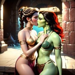 ai_generated alien_girl armlet ass bare_shoulders bare_thighs bikini black_hair braid braided_hair breasts closed_eyes closed_eyes clothed clothed_female collar crossover dark_hair female female/female female_focus female_only gamora green_lips green_skin green_skinned_female hand_on_another's_chest human human_female indoors kissing lesbian_couple lesbian_focus lesbian_kiss light-skinned_female light_skin long_hair makeup marvel metal_bikini metal_collar midriff navel pelvic_curtain petite_body princess_leia_organa red_hair science_fiction sexy skimpy_outfit slave_leia slave_leia_(cosplay) slavekini star_wars uzzlegorf yuri yuri
