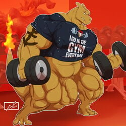 2017 3_toes 4_fingers abs anthro anthrofied balls barefoot biceps big_balls big_muscles big_penis biped blue_eyes bottomless brown_horn brown_scales brown_tail charizard charkonian_graotl_ard clenched_teeth clothed clothing danandnite detailed_background digital_media_(artwork) dragon dumbbell exercise eye_scar facial_scar fan_character flaccid flaming_tail foreskin front_view full-length_portrait gym holding_object horn humanoid_penis inside jewelry long_tail male male_only manly muscular muscular_male navel necklace nintendo nipple_bulge nipples pecs pendant penis pink_nipples pokémon_(species) pokemon pokemon_(species) pokemorph portrait quads scales scalie scar signature snout solo standing tattoo teeth thick_tail toes uncircumcised uncut video_games weightlifting weights workout