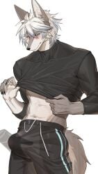 4k 9:16 abs absurd_res anthro athletic athletic_anthro athletic_male athletic_wear black_nose blush blush_lines bottomwear canid canine canis claws clothed clothing clothing_lift duo finger_claws floating_hands fur grey_body grey_fur grope gym_bottomwear gym_shorts hi_res kemono male male_focus mammal mikusansuki0 multicolored_body multicolored_fur pointy_ears shorts solo_focus two_tone_body two_tone_fur white_body white_fur wolf