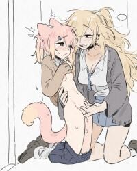 2girls animal_ears black_skirt blonde_hair blue_necktie blush breasts brown_cardigan brown_eyes cardigan collared_shirt commentary dog_ears dog_girl dog_tail ear_piercing english_commentary female fingering grey_card grey_shoes hand_on_another's_waist highres kneeling long_hair multiple_girls necktie nipples open_mouth original piercing pink_hair pleated_skirt pussy_juice school_uniform shirt shoes skirt small_breasts smile socks sp1nosaur tail vaginal_penetration white_shirt white_socks yuri