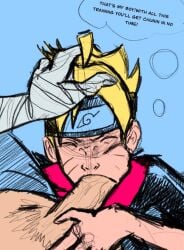 1boy blonde_hair blue_background blush closed_eyes english_text erection fellatio male_pubic_hair mask oral penis pubic_hair sketch solo_focus straight uncensored veins
