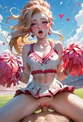 ahegao_face ai_generated blonde_hair cheerleader cheerleader_outfit cheerleader_uniform clothed_sex cowgirl_position cowgirl_sex heart_eyes nothere19 outdoor_sex outdoors_sex pom_poms public_sex riding_cock riding_penis sex skirt skirt_lift vaginal_penetration vaginal_sex white_skirt white_top
