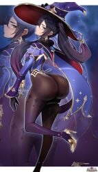 1girls armwear ass big_ass black_hair blue_eyes bubble_ass bubble_butt chanleefat ear_piercing earrings fat_ass female female_only footwear full_body genshin_impact hat headwear heels high_heels huge_ass leggings legwear leotard looking_back mona_(genshin_impact) solo solo_female thigh_strap thighs twintails witch_hat