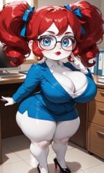 1female 1girls ai_generated big_breasts blue_eyes blue_ribbon blush breasts cleavage computer computer_monitor computer_screen curly_hair female female_focus female_only freckles freckles_on_face glasses high_heels hips huge_breasts lips lipstick looking_at_viewer office office_clothing office_lady pixai poppy_(poppy_playtime) poppy_playtime red_hair red_lips red_lipstick ribbons secretary short_stack shortstack skirt smile thick_thighs thighs twintails urikoito white_body white_skin wide_hips