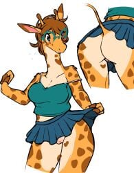 3_fingers anthro ass bottomwear breasts brown_body brown_fur brown_hair clothed clothing colored digital_drawing_(artwork) digital_media_(artwork) eyewear female fingerless_(marking) fingers fur genitals giraffe giraffid glasses green_clothing green_eyewear green_glasses green_shirt green_topwear hair horn humanoid_vulva innie_vulva mammal no_underwear portrait pussy shirt simple_background skirt solo sutagaki tail three-quarter_portrait topwear vulva white_background