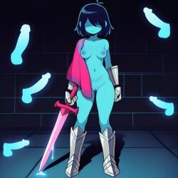 5boys ai_generated blue_skin breasts curvy dark_blue_hair deltarune disembodied_penis disembodied_penises female glowing_genitalia glowing_penis holding_sword kris_(deltarune) kris_female_(deltarune) male medium_breasts metal_boots metal_gloves multiple_penises naked nude penis pink_cape pixai shadow_over_eyes sword undertale_(series)
