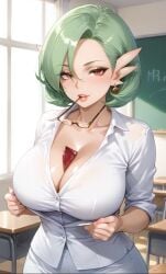 ai_generated big_breasts biting_glasses female female_only gardevoir green_hair huge_breasts legitimate milf mommy pokemon pokemon_(species) seductive seductive_eyes seductive_look short_hair solo solo_female teacher teacher_outfit