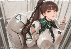 ai_generated alternate_version_at_source android asian asian_female big_breasts bodysuit breasts brown_hair eve_(stellar_blade) feet female hypet long_hair looking_at_viewer on_glass robot_girl shiny_skin stellar_blade suit tagme thick thick_ass thick_legs thick_thighs thighs video_games