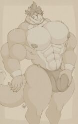 2021 5_fingers abs anthro areola balls_outline barazoku biceps big_muscles biped bulge bulge_grab canid canine canis claws detailed_bulge digital_drawing_(artwork) digital_media_(artwork) finger_claws fingers fur genital_outline hair hi_res licking licking_lips male mammal mkvero muscular nipples paws pecs penis_outline quads solo standing tail thick_thighs tongue tongue_out vero_(mkvero) wolf