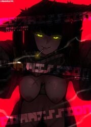 absurdres ajirogasa artist_name black_hair bob_cut breasts breasts_out chen-corp cigarette commentary conical_hat english_commentary english_text female female_pubic_hair grey_scarf hat heishou_pack-mao_branch_(identity)_(project_moon) highres inverted_nipples limbus_company looking_at_viewer medium_breasts mole mole_on_breast navel nipples open_mouth project_moon pubic_hair red_background rice_hat ryoshu_(project_moon) scar scar_on_chest scar_on_stomach scarf short_hair simple_background smile smoke smoke_trail smoking solo yellow_eyes