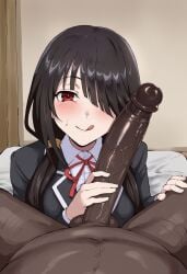 1boy 1boy1girl 1girls ai_generated aroused bed bedroom blush cheating cheating_(relationship) cheating_female cheating_girlfriend cock_hungry dark-skinned_male date_a_live fat_male girthy_penis hairy_male handjob indoors interracial large_breasts large_penis licking_lips long_penis looking_at_viewer male/female naughty_face netorare ntr on_bed pov pov_crotch room school_uniform solo_focus straight testicles tokisaki_kurumi tongue veiny_penis waroffree