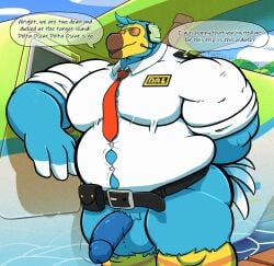 2020 4_fingers akita77 animal_crossing anthro anthrofied arm_support avian ball_tuft balls beak belt belt_buckle big_balls big_muscles big_pecs big_penis bird blue_body blue_penis buckle button_(fastener) clothing collared_shirt columbid dialogue dodo dress_shirt electronics english_description english_text eyewear feathers fingers genitals half-erect headphones hi_res humanoid_genitalia humanoid_penis ineffective_clothing leaning_on_elbow light logo_on_clothing male markings mouth_closed multicolored_body musclegut muscular muscular_male necktie nintendo overweight palm_tree pecs penis plant pubes recently_extinct_species seaplane seaside shirt sky solo speech_bubble standing striped_markings stripes stubble sunglasses sunlight tail tail_feathers text thick_arms thick_thighs topwear tree tuft watermark wilbur_(animal_crossing)