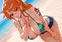 ai_generated balecxi bare_shoulders beach brown_eyes cleavage denim denim_shorts dutch_angle earrings female finger_to_mouth green_bikini jewelry large_breasts long_hair looking_at_viewer nami_(one_piece) one_piece orange_hair outdoors patreon_username ponytail shorts shoulder_tattoo shushing smile solo swimsuit thighs wet