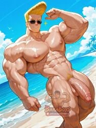 1boy ai_generated armpits balls bara baraboys beach big_balls big_muscles big_nipples big_pecs big_penis blonde_hair daddy dilf erect_nipples flexing gay hair huge_balls huge_cock huge_muscles huge_nipples huge_pecs human hunk johnny_bravo johnny_bravo_(series) male male_focus male_only muscular muscular_human muscular_male naked naked_male navel nipples nude pecs penis pompadour pubic_hair sand solo sunglasses sunglasses_only water