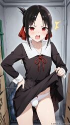 1boy ai_generated angry black_dress black_hair bulge dress_lift femboy flat_chest genderswap_(ftm) kaguya-sama_wa_kokurasetai_~tensai-tachi_no_renai_zunousen~ lifted_by_self looking_at_viewer panties red_eyes ribbon rule_63 shinomiya_kaguya shuuchiin_academy_school_uniform solo standing storage_room tagme tehmar trap