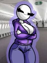 arms_crossed bald bald_female black_eyes breasts chetoh claire_(chetoh) cleavage egg female female_focus female_only hoodie jeans looking_at_viewer no_bra oc original original_character photo_background purple_hoodie purple_outline smile smiling smiling_at_viewer white_body