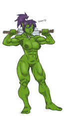 abs areolae barefoot biceps breasts darkeros13 english_text fantasy feet female female_only female_pubic_hair frown full-length_portrait full_body full_length green_skin hair_between_eyes humanoid mace medium_breasts melee_weapon muscles muscular_female navel necklace nipples nude orc orc_female original pointy_ears ponytail pubic_hair pussy scowl solo solo_female standing text thedarkeros toes tusks weapon weapon_over_shoulder white_background