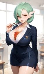 ai_generated big_breasts biting_glasses female female_only gardevoir green_hair huge_breasts legitimate milf mommy pokemon pokemon_(species) seductive seductive_eyes seductive_look short_hair solo solo_female teacher teacher_outfit