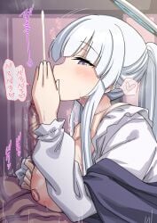 1boy 1girls after_fellatio bare_shoulders black_jacket blue_archive blunt_bangs blush clothed_female_nude_male collarbone covering_mouth cum dress ejaculation frills garukichi halo heart huge_breasts japanese_text large_areolae looking_at_viewer nipples noa_(blue_archive) noa_(pajamas)_(blue_archive) off_shoulder official_alternate_costume penis penis_grab ponytail pov puffy_nipples purple_hair sidelocks speech_bubble straight veiny_penis very_long_hair white_dress