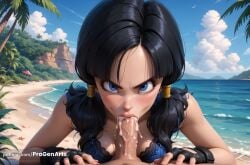 1boy 1boy1girl 1girls :>= ai_generated beach bikini black_gloves black_hair blowjob blue_bikini blue_bra blue_eyes blue_sky blush bra breasts cloud cum cum_in_mouth day dragon_ball dragon_ball_super dragon_ball_z fellatio fingerless_gloves gloves hi_res long_hair looking_at_viewer low_twintails medium_breasts ocean oral outdoors palm_tree patreon_username penis pov progenarts sand sky solo_focus starfish straight swimsuit tree twintails uncensored underwear v-shaped_eyebrows videl videl_(dragon_ball_super) water