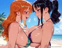 ai_generated areola_slip balecxi beach black_hair blue_eyes blue_sky blush breast_press brown_eyes day from_side green_bikini huge_breasts large_breasts long_hair looking_at_another multiple_girls nami_(one_piece) nico_robin one_piece open_mouth orange_hair outdoors palm_tree ponytail sidelocks smile sweat swimsuit symmetrical_docking web_address