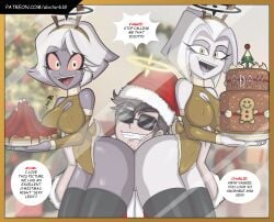 adam_(hazbin_hotel) angel ass big_ass blush breasts brown_hair clothed clothing dialogue doc.b english_text female glasses grey_body hair halo hazbin_hotel lute_(hazbin_hotel) male open_mouth open_smile partially_clothed pleasure_face simple_background smile speech_bubble sweat teeth text thick_thighs vaggie_(hazbin_hotel) white_hair