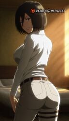 ai_generated ass attack_on_titan bed bedroom belt black_eyes black_hair breasts brown_belt collared_shirt cowboy_shot female from_behind grin hair_between_eyes indoors large_breasts light_rays long_sleeves looking_at_viewer looking_back meitabuu mikasa_ackerman pants pillow shingeki_no_kyojin shirt short_hair smile solo standing sunbeam sunlight thigh_strap white_pants white_shirt window