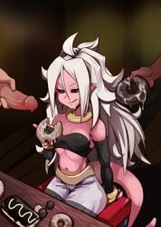 1girls 2010s 2boys android_21 arabian_clothes black_sclera breasts chair chocolate cleavage cum cum_on_food dark_persona donut dragon_ball dragon_ball_fighterz erection facial female food half-closed_eyes harem_outfit harem_pants highres humanoid licking_lips long_hair majin majin_android_21 male midriff multiple_penises naughty_face navel pants penis pink_skin pointy_ears polyle red_eyes sitting smile table tail tongue tubetop very_long_hair white_hair