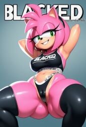 ai_generated amy_rose blacked blacked_clothing cameltoe female female_only fur furry grin magazine_cover novelai sonic_(series) sonic_the_hedgehog_(series) text_on_clothing that_guy9001 thick_thighs thong wide_hips