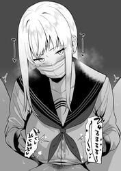 1boy amano_don bangs breast_squeeze breasts face_mask female greyscale heavy_breathing highres large_breasts long_hair mask mole mole_under_eye monochrome neckerchief original paizuri paizuri_under_clothes pubic_hair sailor_collar school_uniform serafuku sidelocks surgical_mask