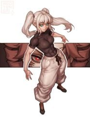 2girls _ryoumen_sukuna_(cosplay) abs artist_logo artist_name baggy_pants black_shirt black_shoes blue_eyes breasts cosplay covered_navel drill_hair goes_hard hatsune_miku jujutsu_kaisen kasane_teto long_hair multiple_girls muscular muscular_female navel red_eyes red_hair redteneri rule_63 ryoumen_sukuna_(cosplay) ryoumen_sukuna_(jujutsu_kaisen) satoru_gojo satoru_gojo_(cosplay) shirt shoes tight_clothing tight_shirt toned toned_female twintails utau vocaloid white_hair white_pants