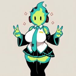 1girl ai_generated black_eyes busty clothed cosplay crossover curvy detached_sleeves double_peace_sign female fire_elemental fire_girl fuku_fire green_fire green_skin hatsune_miku_(cosplay) headphones no_mouth npc peace_sign pixai simple_background skirt tank_top tattoo thigh_boots tie undertale undertale_(series) vocaloid