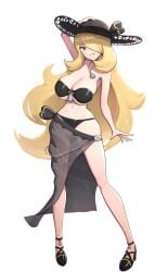 absurdres alternate_breast_size bare_shoulders bikini black_bikini black_sarong blonde_hair breasts cleavage cynthia_(pokemon) female gonzarez hair_ornament hair_over_one_eye hat high_heels highres jewelry long_hair looking_at_viewer navel necklace nintendo open_mouth pokemon pokemon_dppt sarong see-through_clothes see-through_sarong simple_background smile solo stomach sun_hat swimsuit very_long_hair