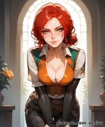 absurd_res ai_generated cleavage cute female female_focus green_eyes hair_bun hi_res highres ozziru patreon red_hair self_upload sexy short_hair the_witcher_(series) the_witcher_3:_wild_hunt triss_merigold uncensored